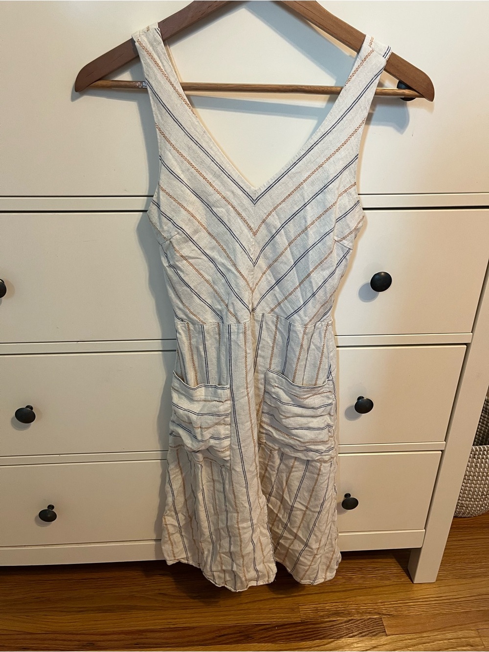 Monteau White Striped V-Neck Midi Dress